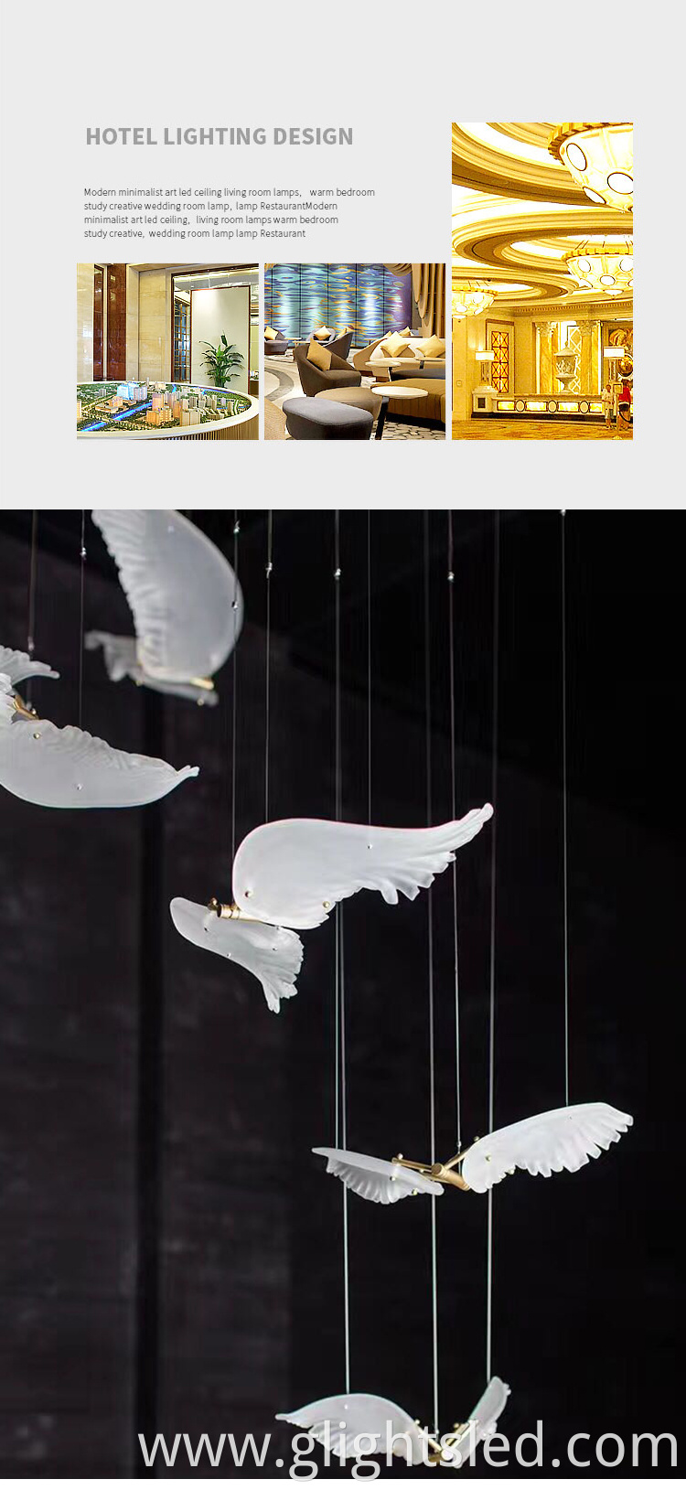 Modern style custom designed bird shaped decorative glass led chandelier light